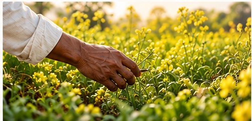 A farmer tending mustard flowers by hand in the field